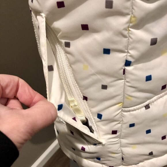 Burton Dryride Puffer Vest Small Cream Hooded Faux Fur Trim Zip Snap Pockets - Picture 4 of 12